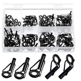 50 piece rod tip repair kit in black box packaging with stainless steel frame and ceramic rings